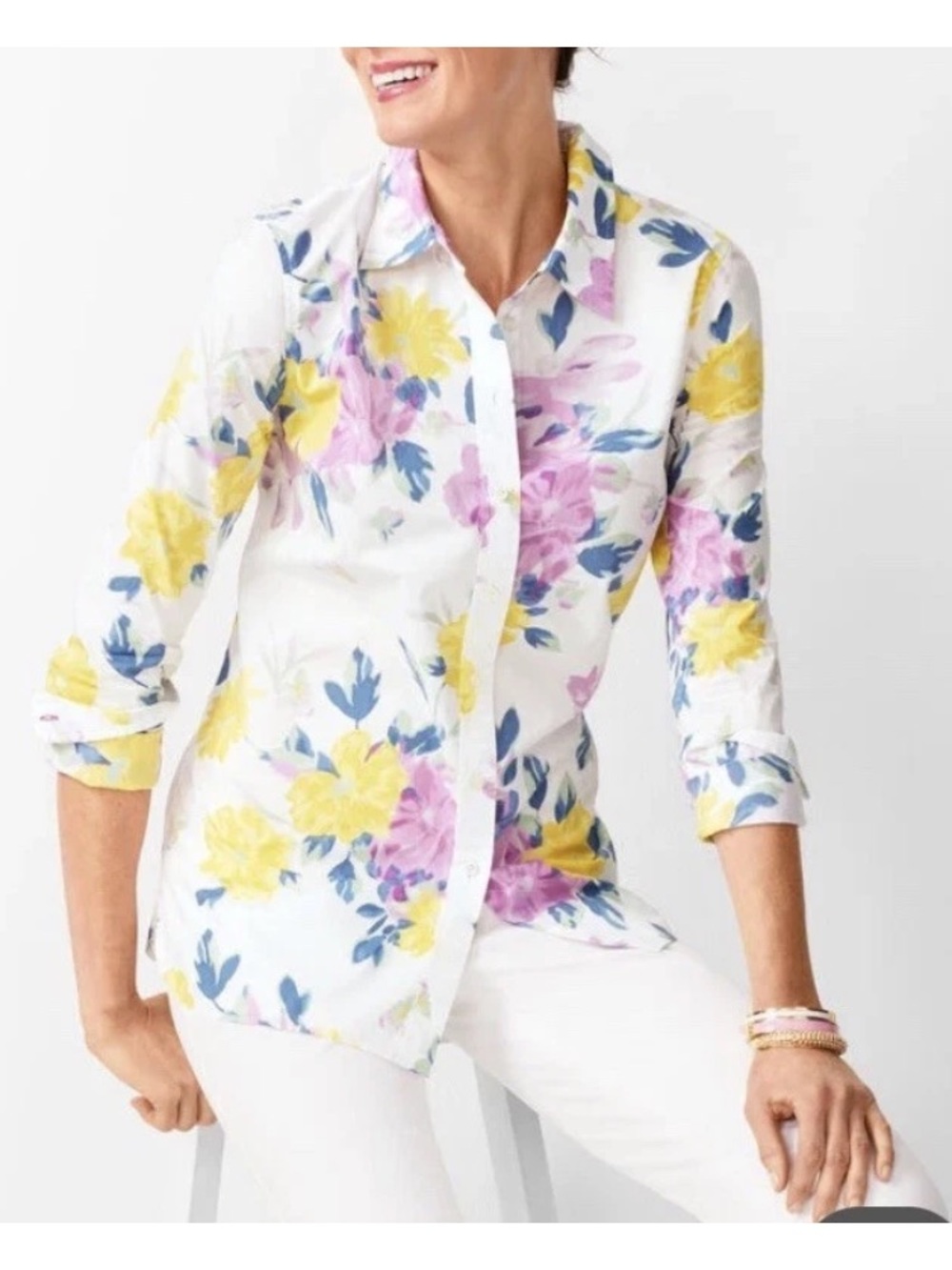 Women’s White Floral Button-Up Shirt — Yellow & Pink Print